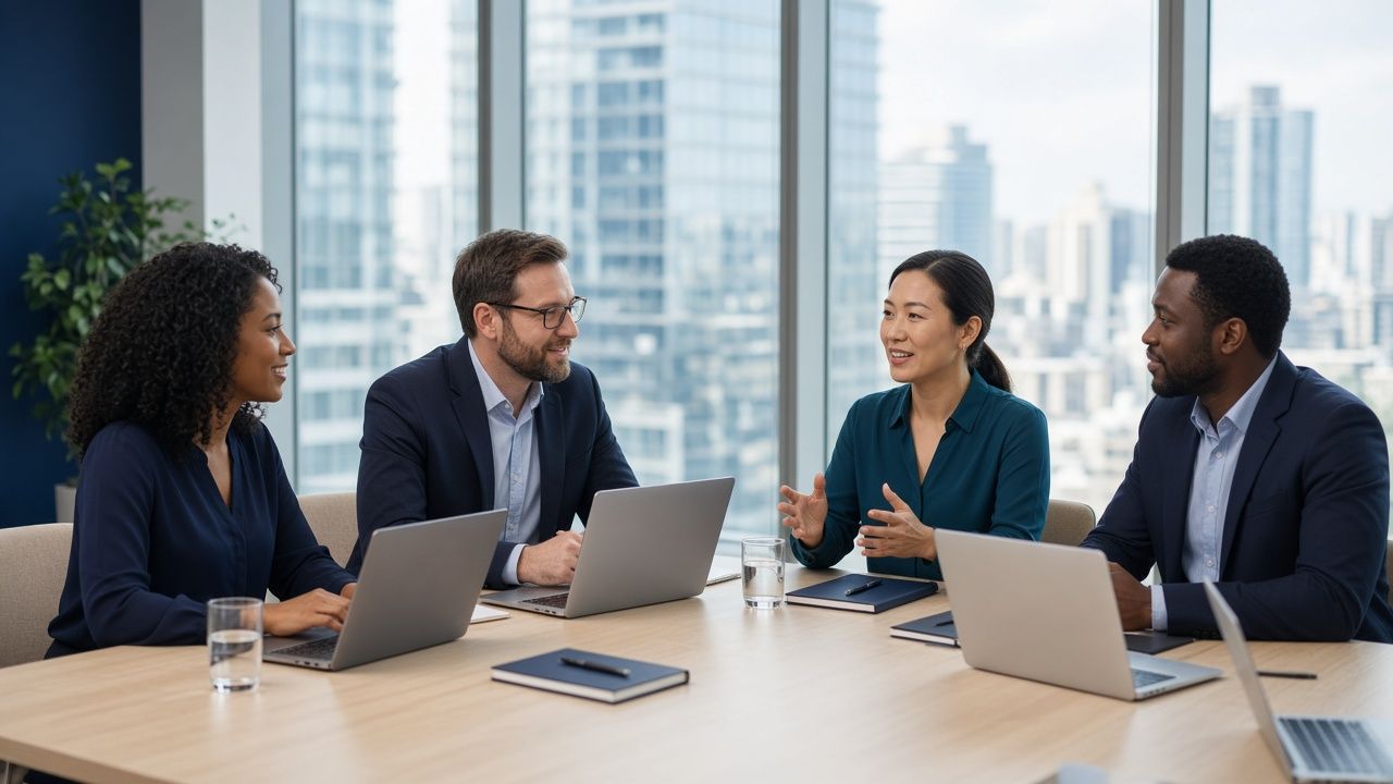 Team collaboration in glass office
